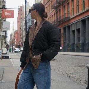 Veronica Beard Black and Plaid Puffer Jacket